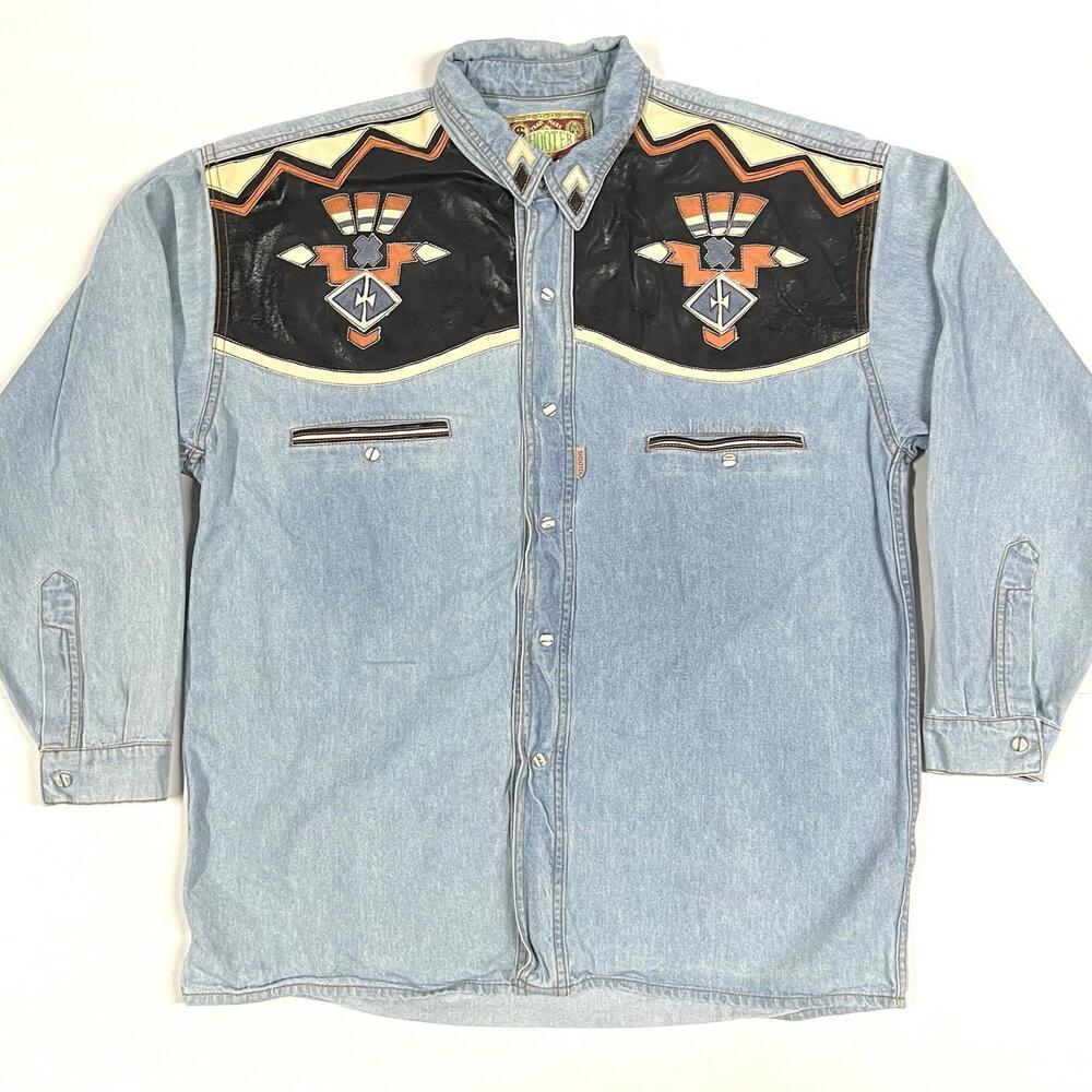 Men's Light Blue Denim Western Shirt with Black and Orange Embroidery